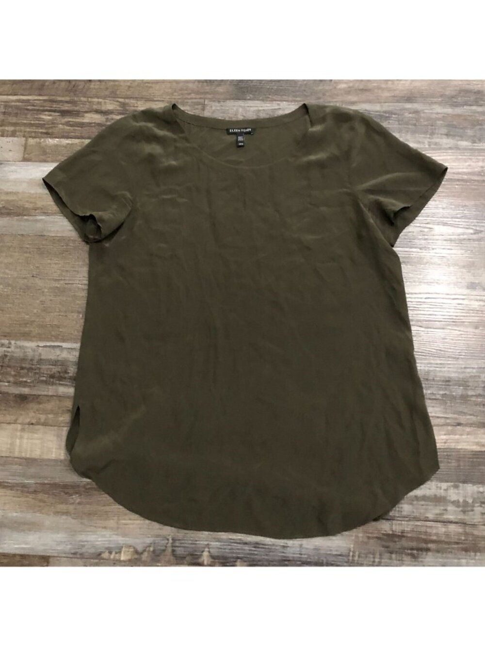 Eileen Fisher Womens Medium Dark Green Short Sleeve Top Shirt Lightweight
